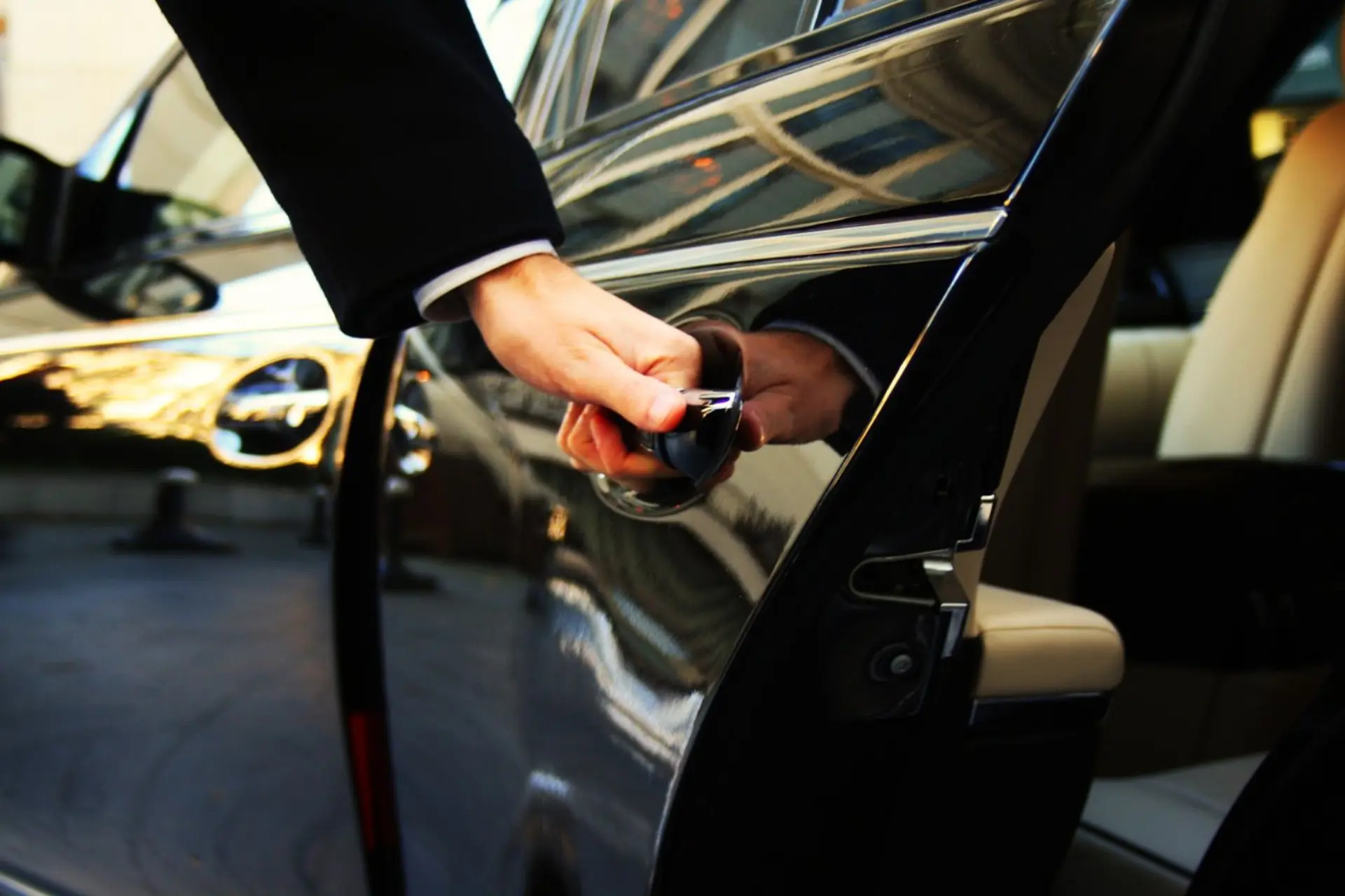 Chauffeur meeting a traveller with luggage at an airport curb — Irydn flat-rate, flight-tracked transfers between downtown Napa and SFO, OAK, SMF, and STS