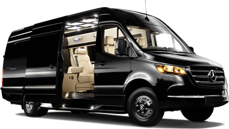 Irydn executive Mercedes-Benz Sprinter van with captain's chairs — Davis group transportation and wine country day trips west on I-80