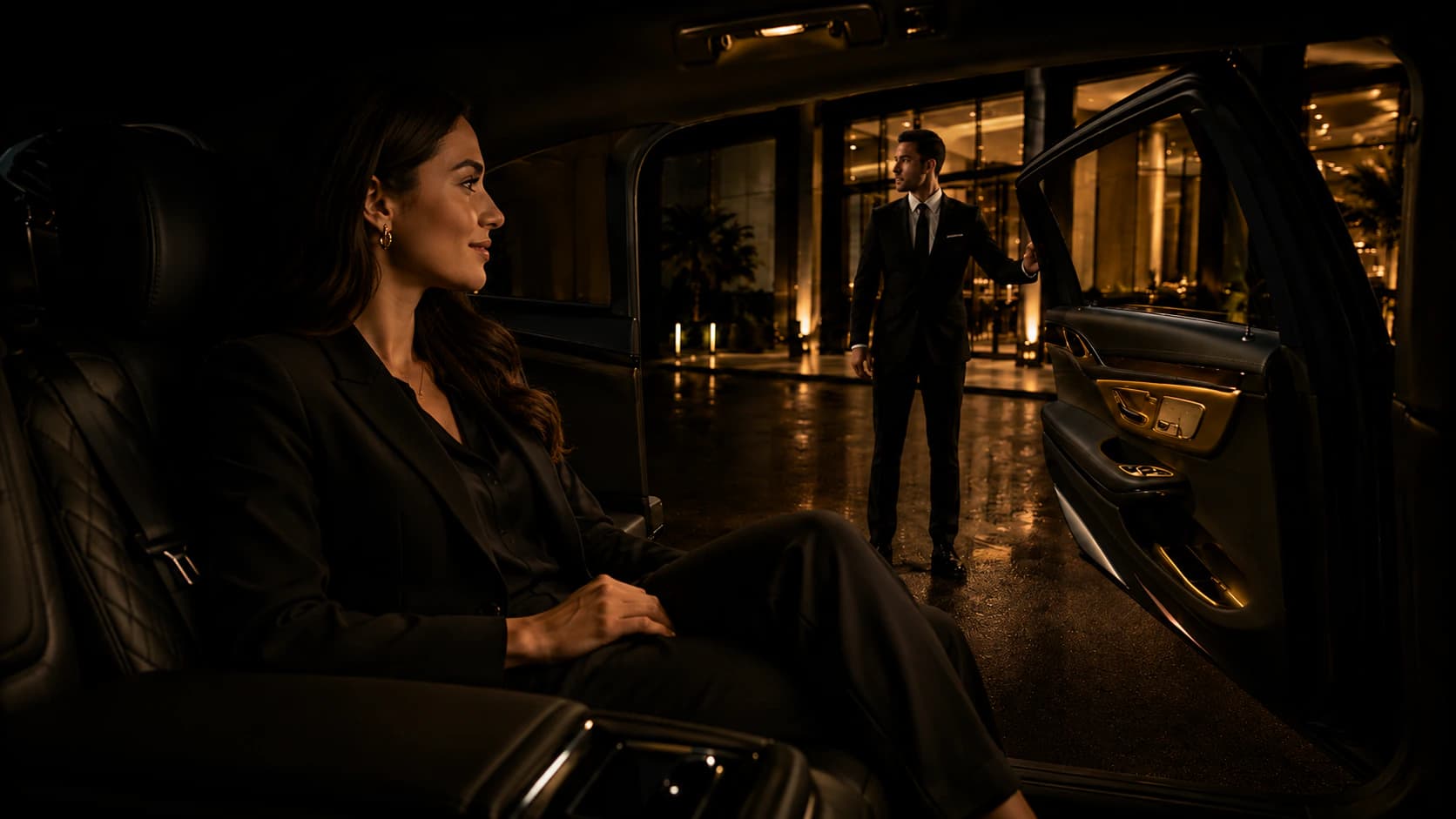 An Irydn chauffeur opening the rear door of a black luxury SUV for a guest — chauffeured wine tours, airport transfers, and executive car service across Napa, Sonoma, and Sacramento.